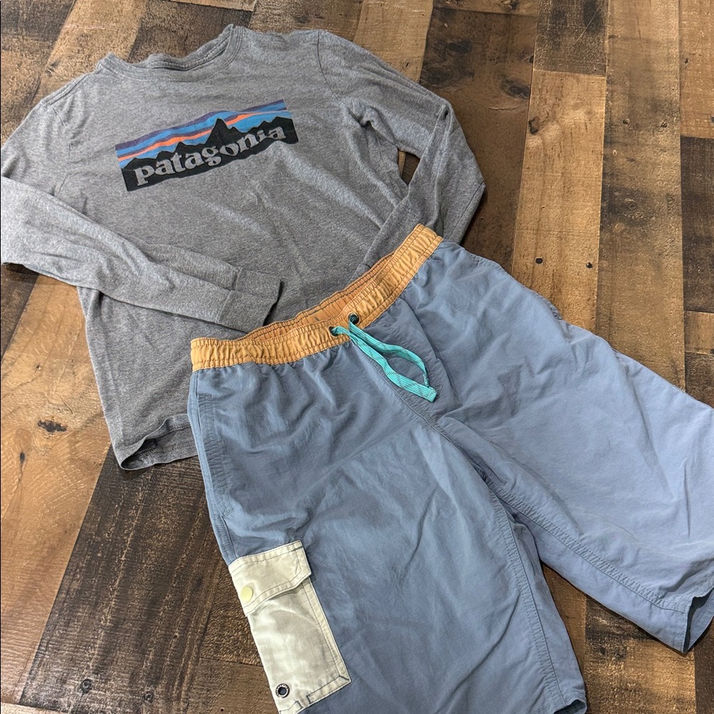 Patagonia Gray Shirt and Blue Shorts with Beige Pocket